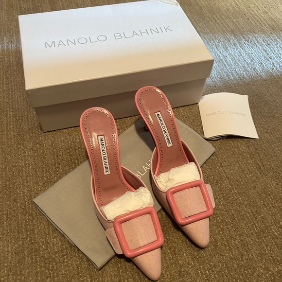 Manolo Blahnik Maysale 70 linen mules light pink size 37 - Picture 3 of 8